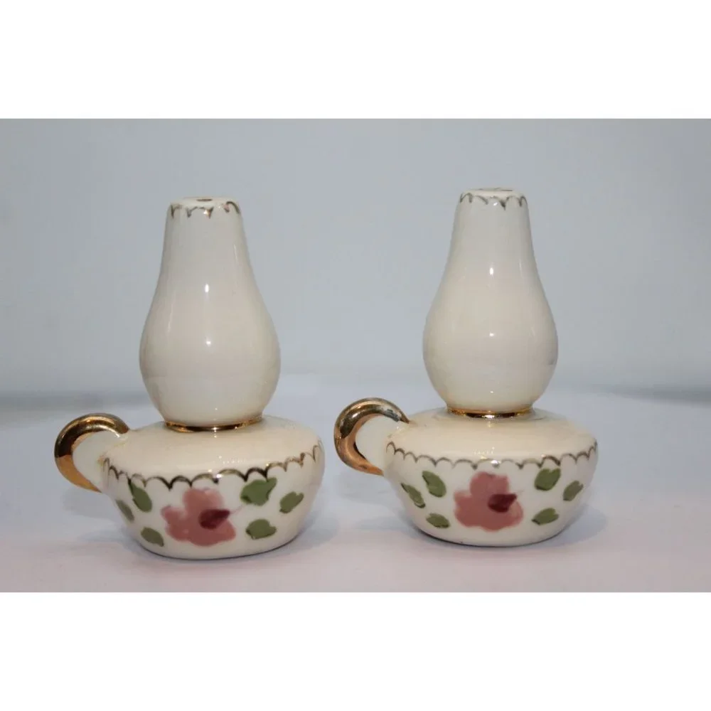 Salt & Pepper Shakers - Vintage Poinsettia Studios CA Ceramic Lanterns & Tray